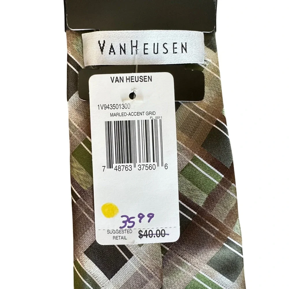 NWT New! Van Heusen Mens 100% Silk Ties - Green Paisley & Brown Plaid Set 2 ties